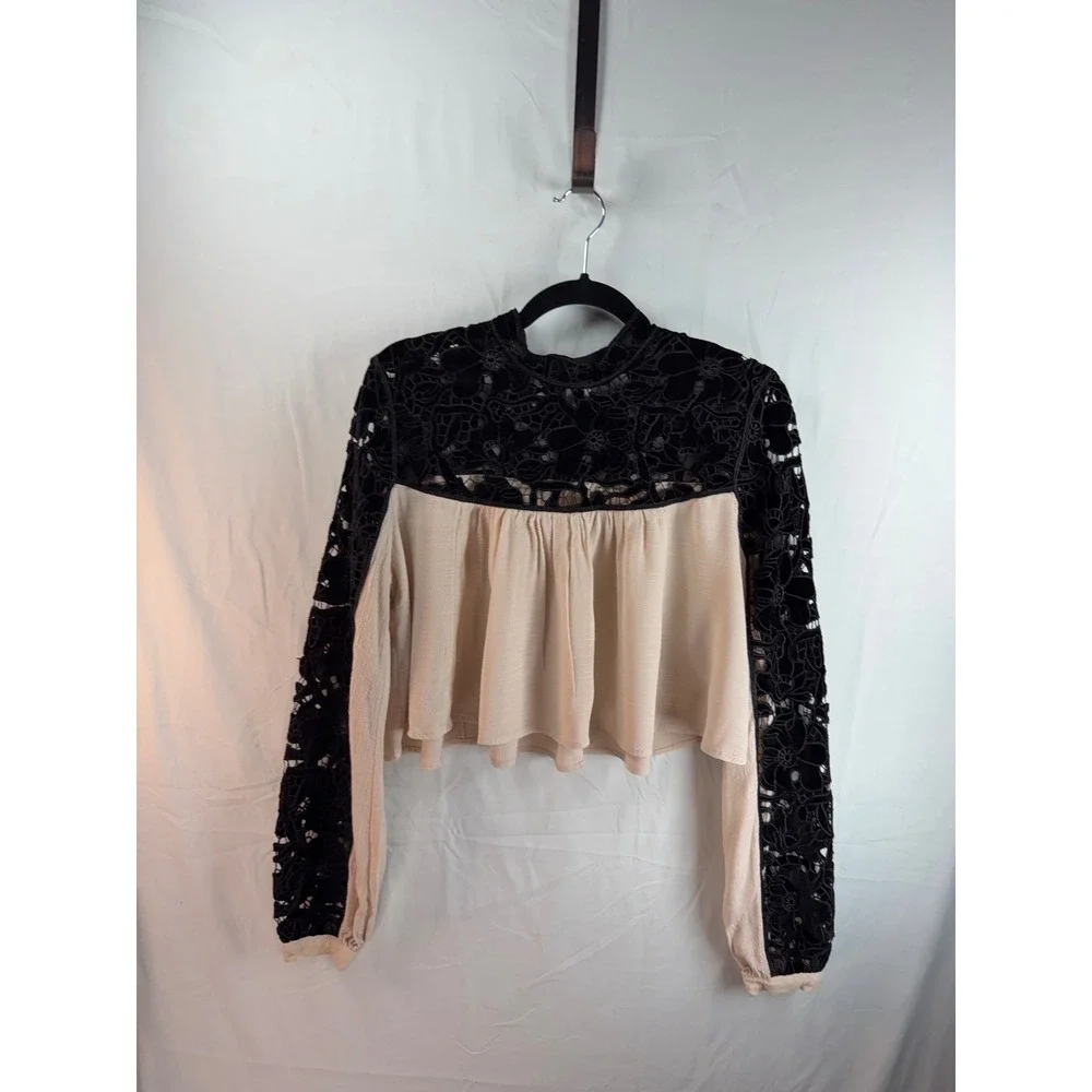 Velvet Lace Free People Crop Top Long Sleeve Black Cream Boho Victorian Blouse